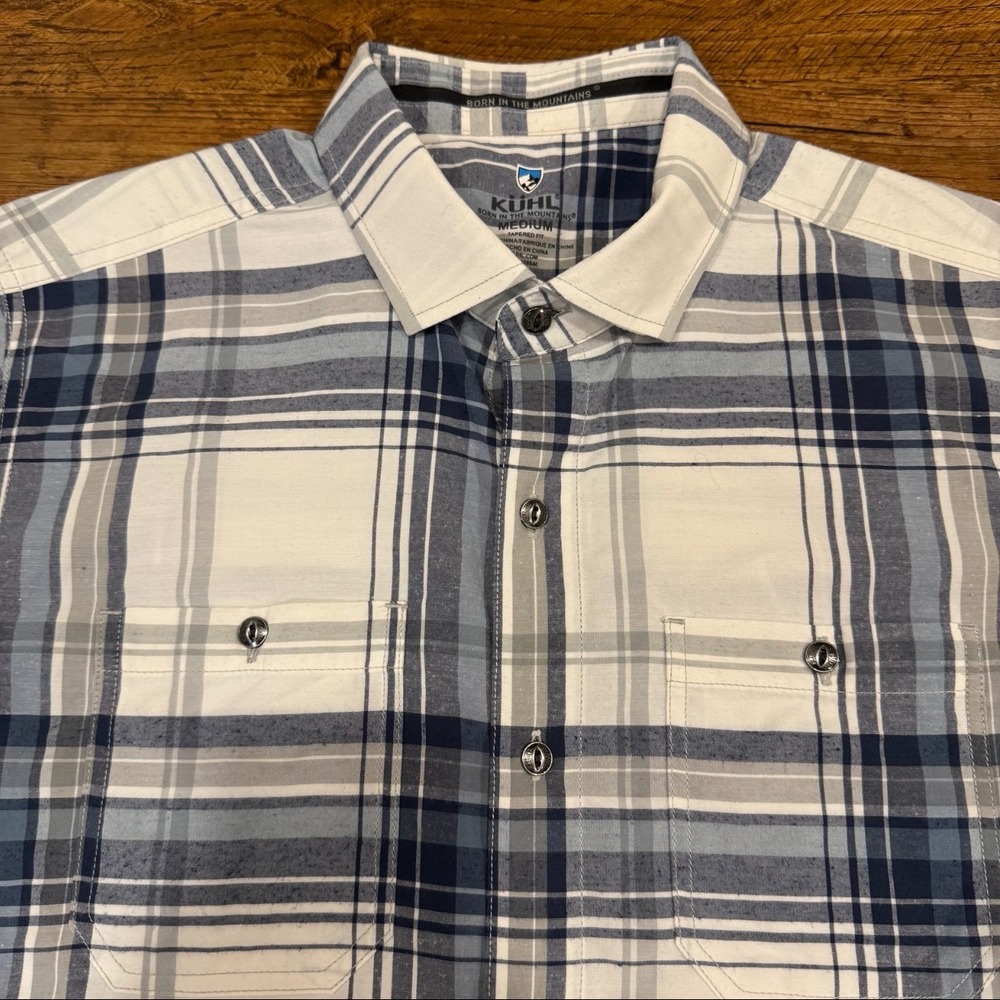 Kuhl Styk Blue White Plaid Outdoor Hiking Short Sleeve Button Up Shirt Men's M